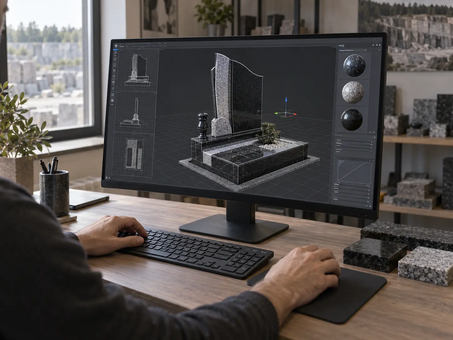 3D-візуалізація пам’ятника на моніторі в меморіальній майстерні